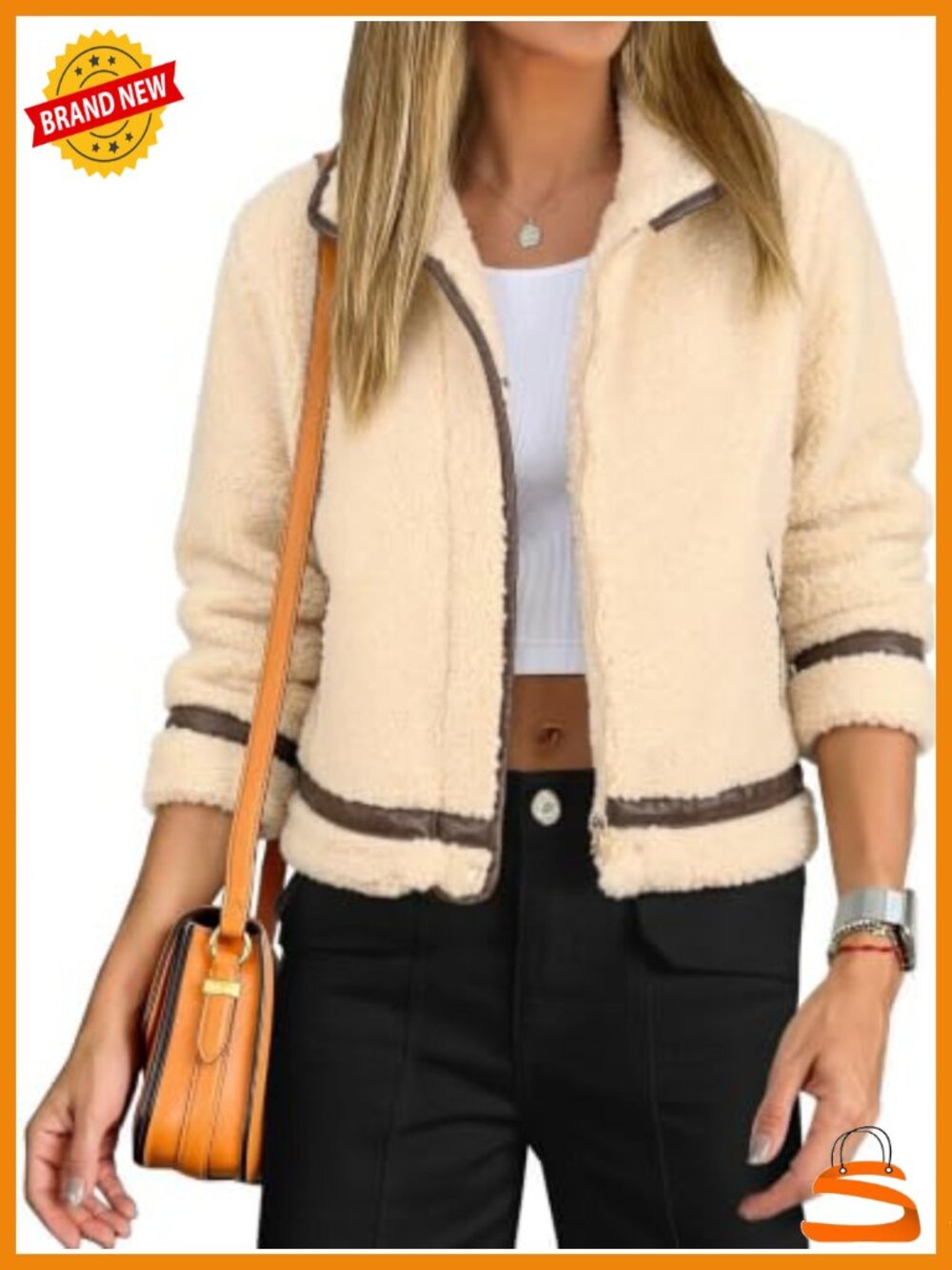 Cropped Sherpa Fleece Jacket Leather Trim Full Zip Winter Coat